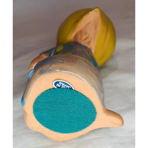 Uctci Japan Figurine Girl Pottery Red Clay 5" Vintage 1960s MCM Blue Dress Cat - Picture 8 of 11